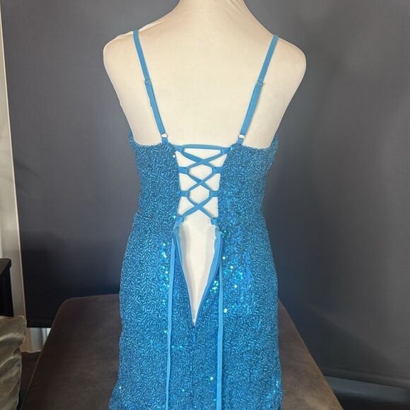 Women’s Blue Sequined Short Prom Party Homecoming Dress Ruffle Hem Size 8 - Picture 13 of 13